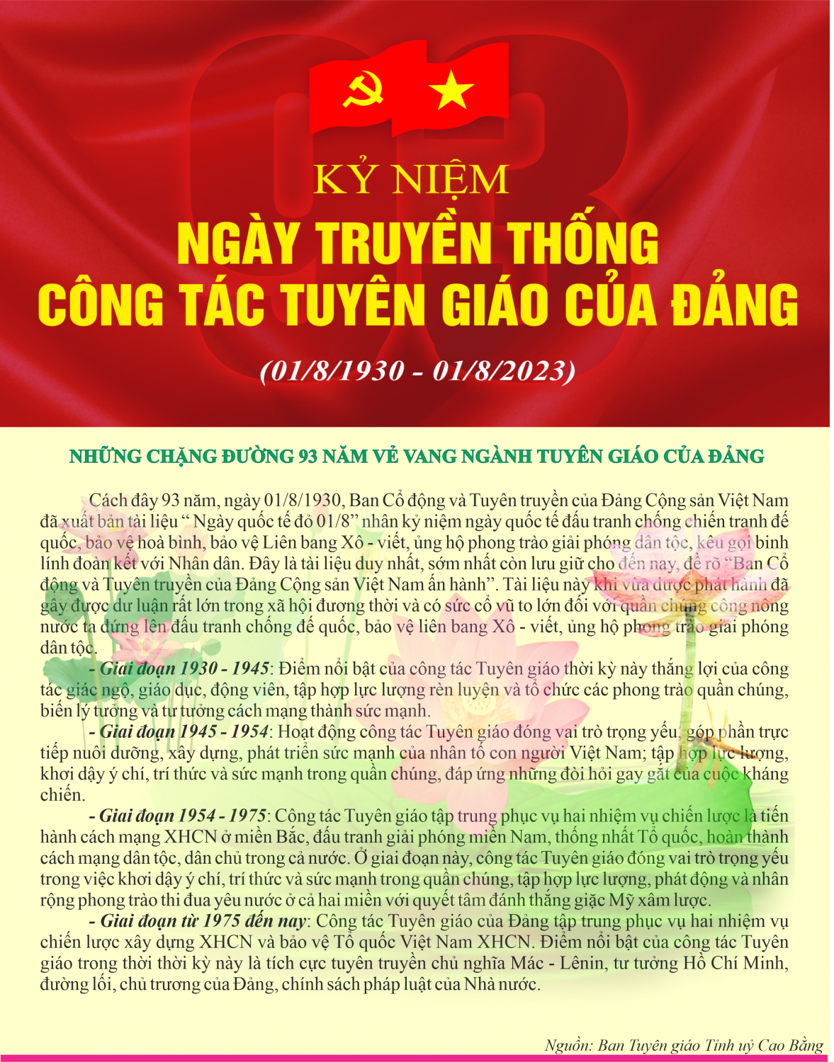 Infographic: Kỷ niệm 93 năm Ngày truyền thống công tác Tuyên giáo của Đảng (01/8/1930 - 01/8/2023)