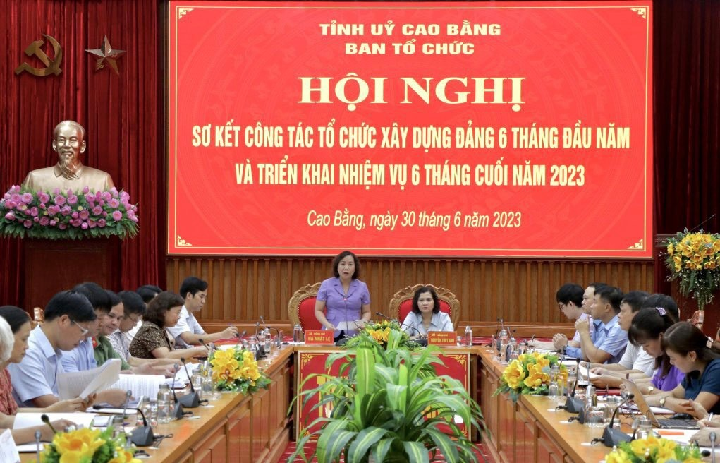 Đồng chí Hà Nhật Lệ, Tỉnh uỷ viên, Phó trưởng ban Thường trực Ban Tổ chức Tỉnh uỷ phát biểu tại Hội nghị Hội nghị sơ kết công tác tổ chức xây dựng Đảng 6 tháng đầu năm, triển khai nhiệm vụ 6 tháng cuối năm 2023